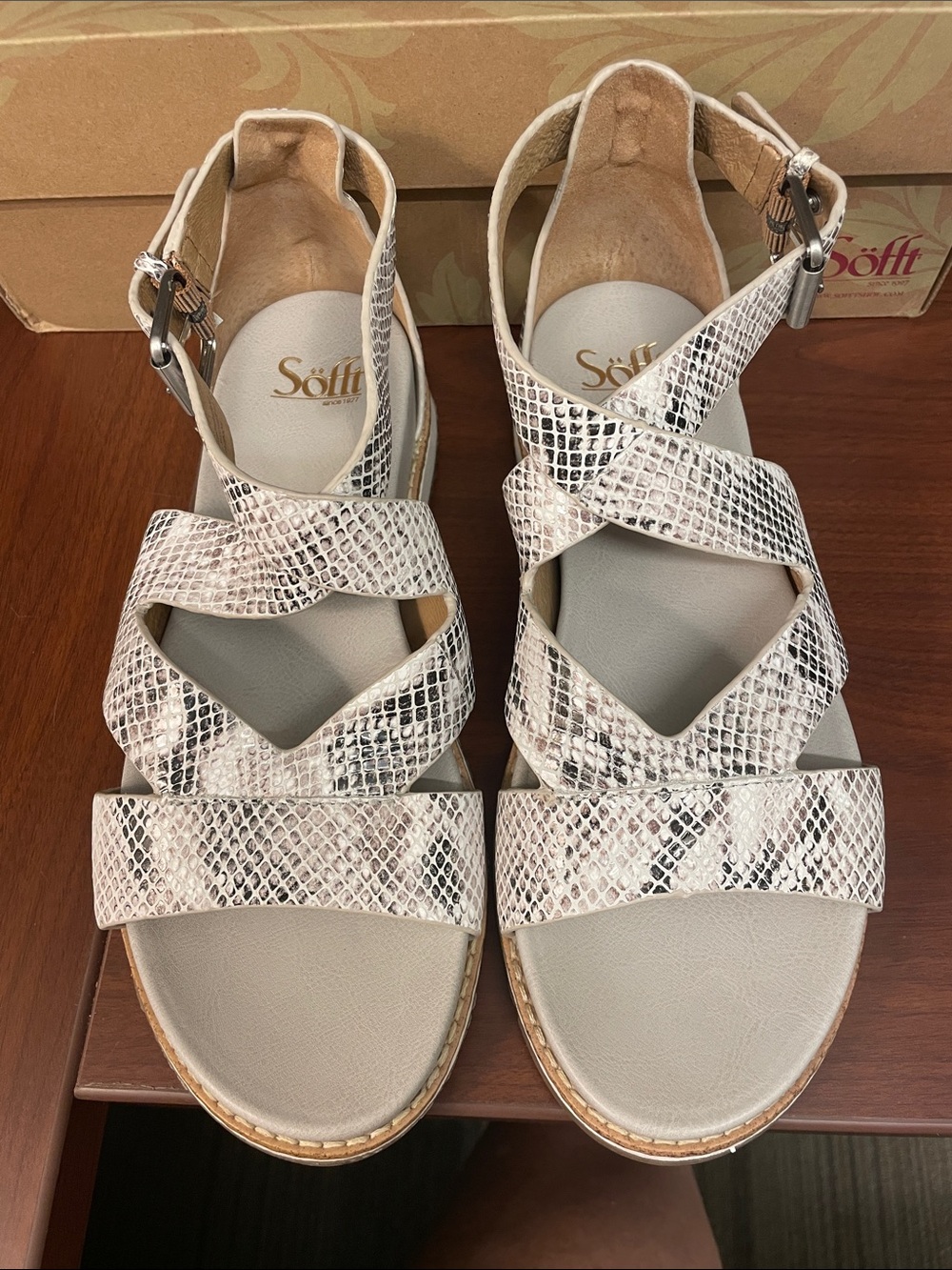 Söfft White Snake-Print Crisscross Ankle Strap Sandals